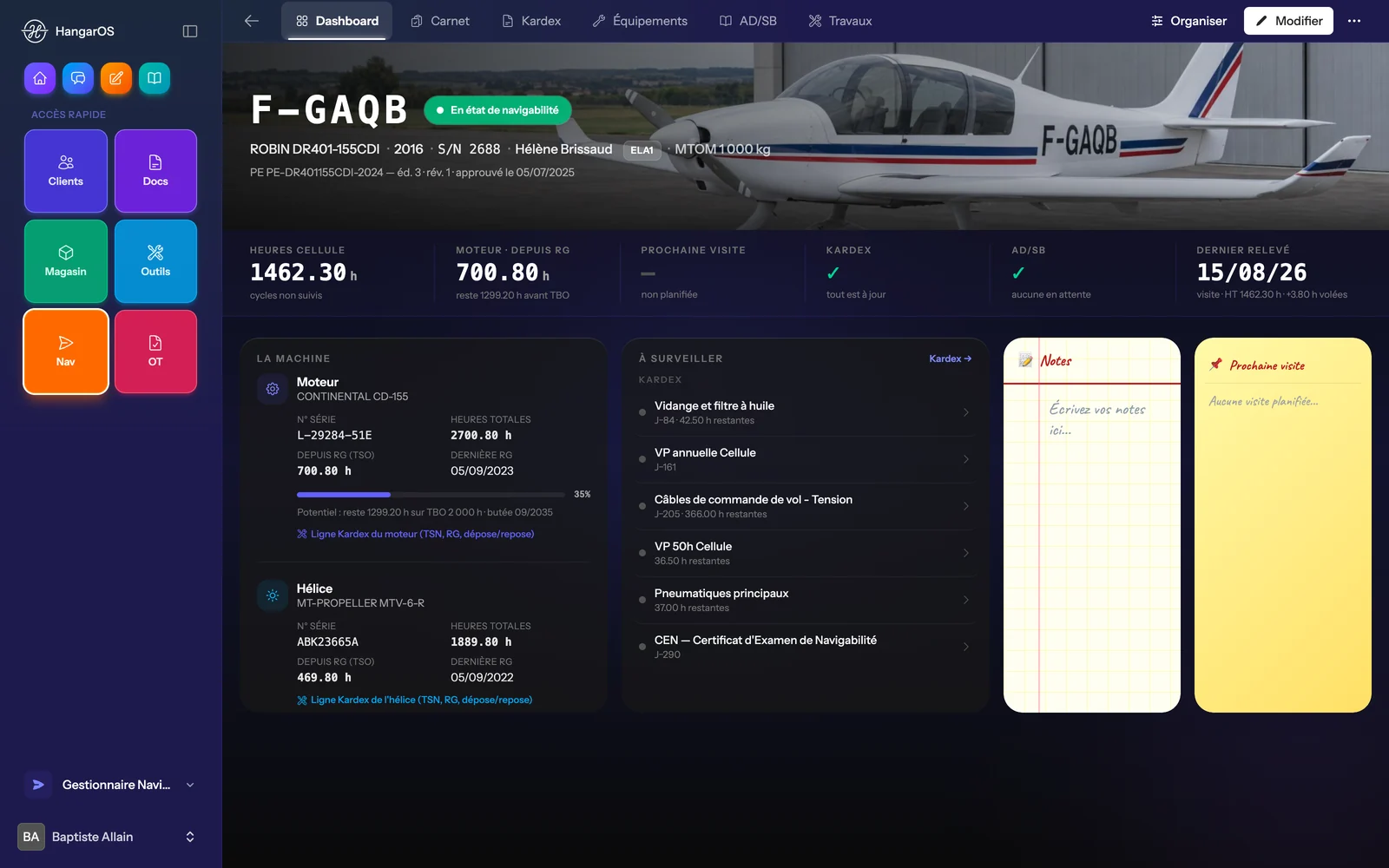 Fiche avion HangarOS : moteur, hélice, prochaine visite et lignes à surveiller