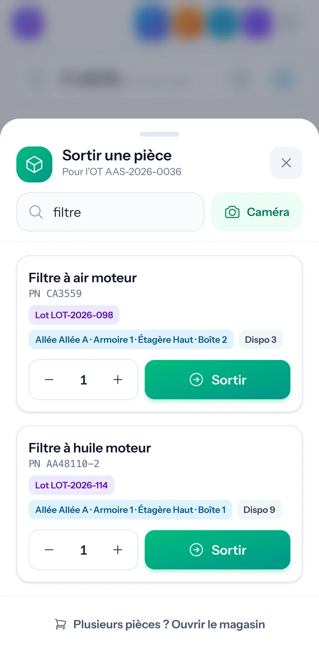 Sortie d'une pièce sur téléphone : scan ou recherche, lot, emplacement
