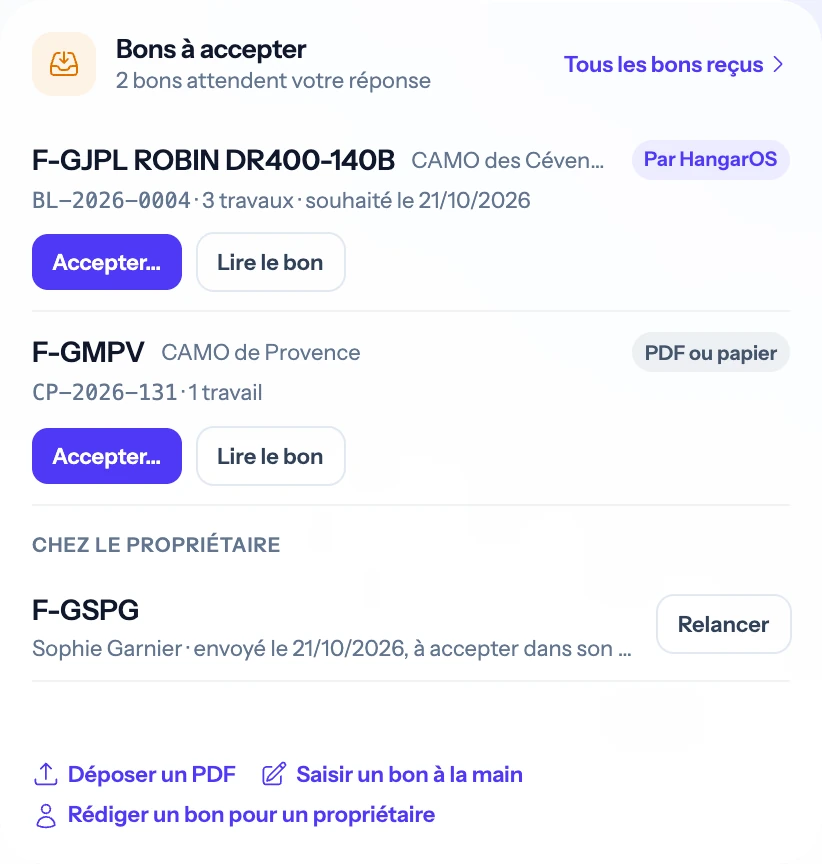 Sur l'accueil de l'Atelier du Ventoux, les bons à accepter : celui du CAMO des Cévennes par HangarOS, celui du CAMO de Provence en PDF, et le bon d'un propriétaire