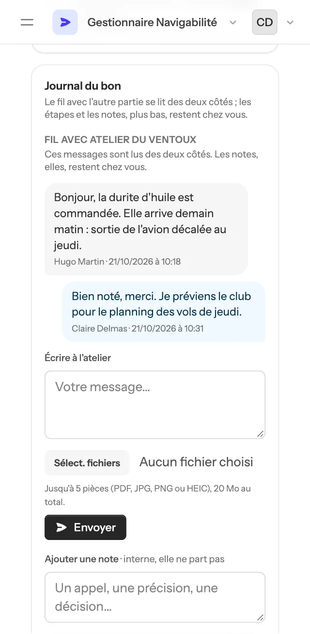Le fil du bon du F-GDEM sur le téléphone du CAMO : l'atelier prévient que la durite arrive demain et que la sortie glisse à jeudi, le CAMO répond
