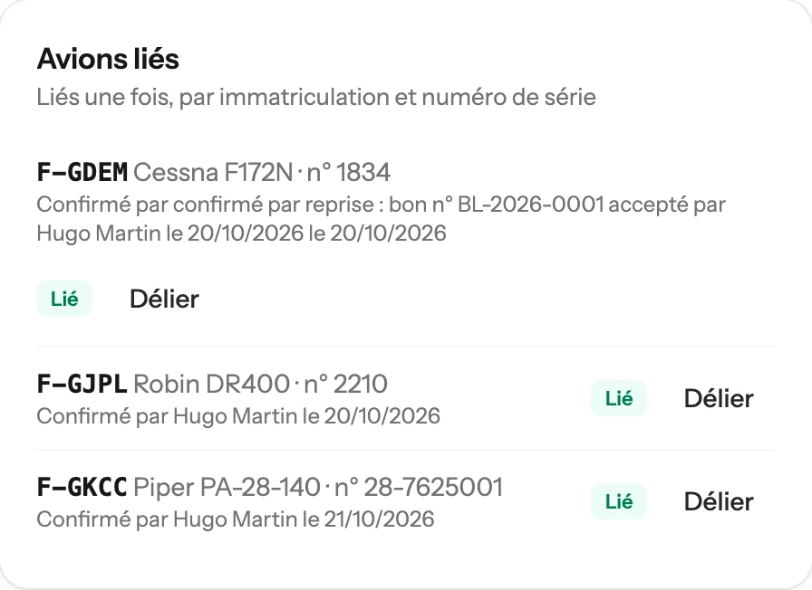 Les avions liés, une fois, par immatriculation et numéro de série : le F-GDEM, le F-GJPL et le F-GKCC, chacun confirmé par Hugo Martin