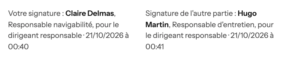 Les deux signatures du contrat : Claire Delmas, responsable navigabilité, et Hugo Martin, responsable d'entretien, chacun pour le dirigeant responsable