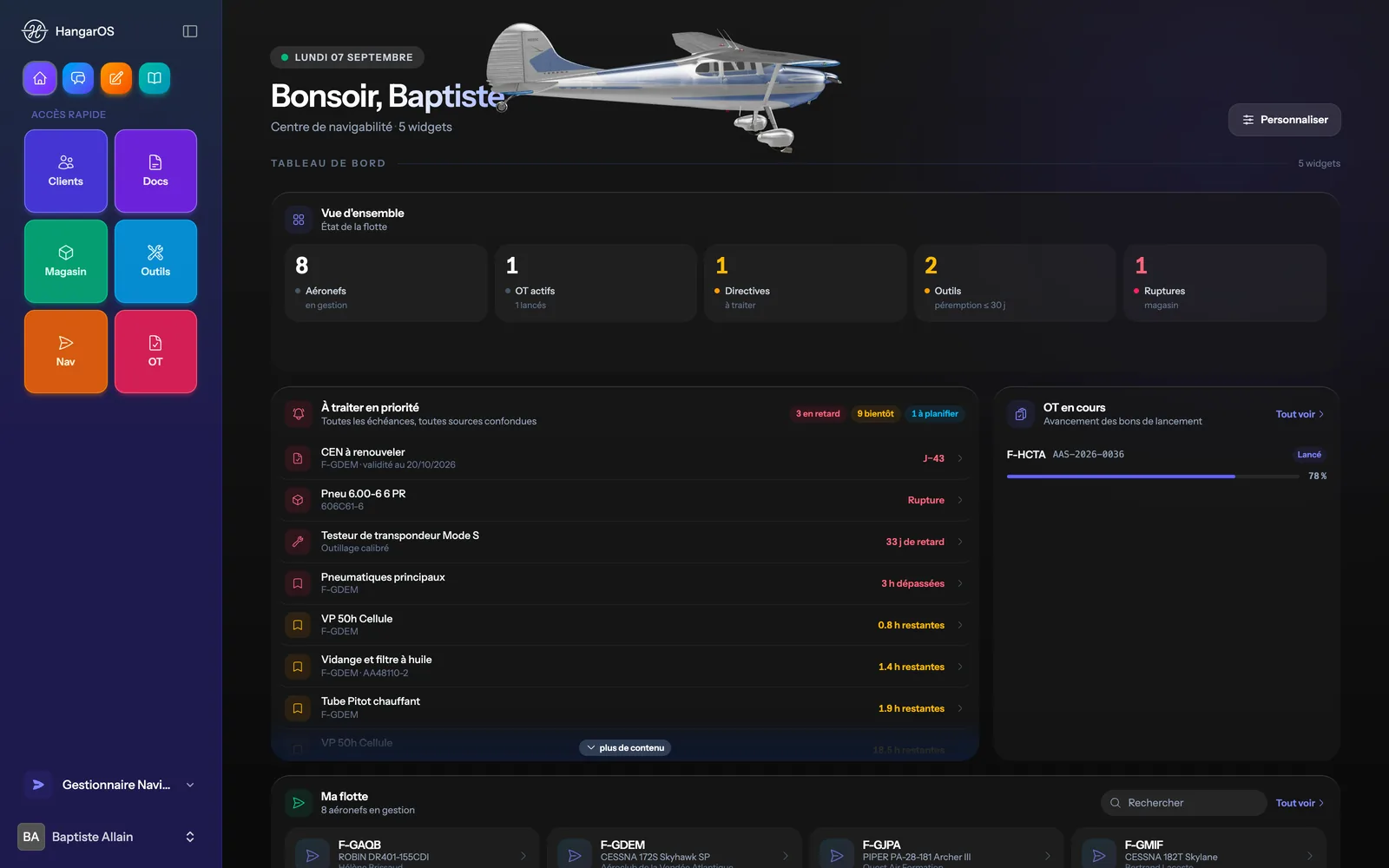 Tableau de bord du gestionnaire de navigabilité dans HangarOS : à traiter en priorité, OT en cours, flotte