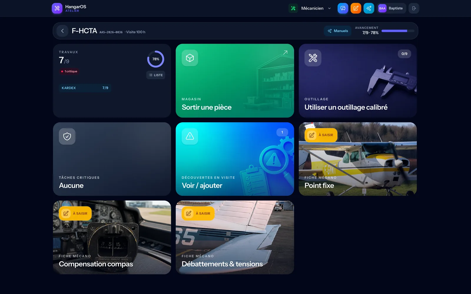 Écran tablette du mécanicien dans HangarOS : tâches, sortie de pièce, outillage calibré, fiches
