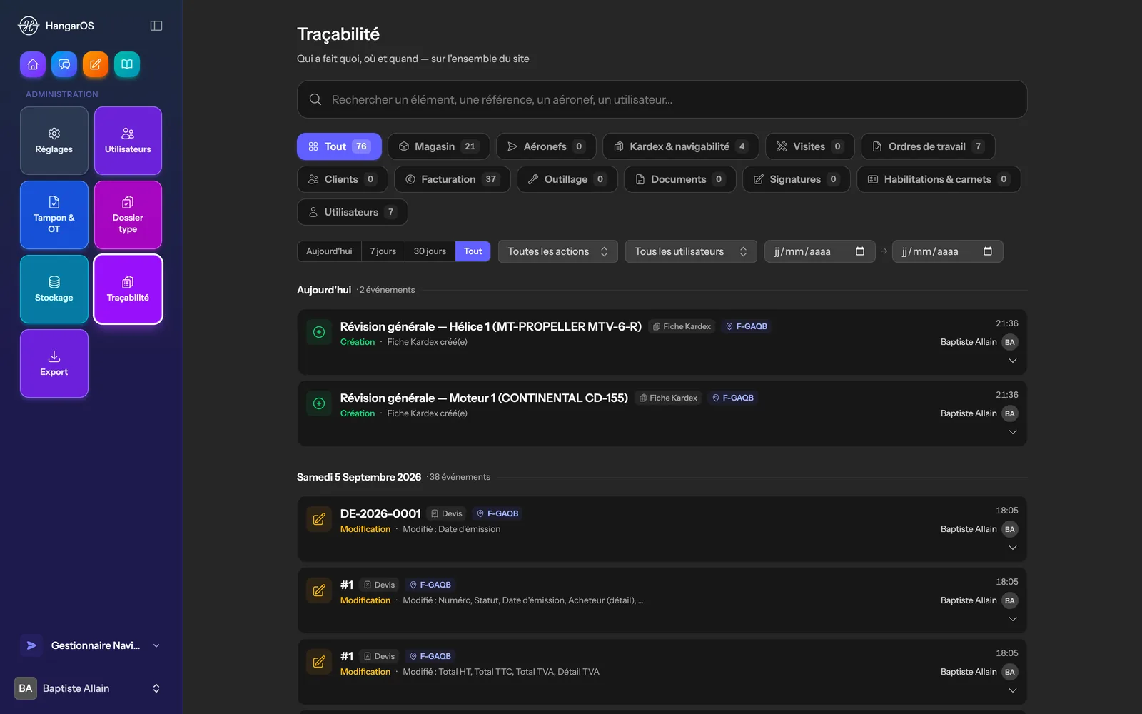 Journal de traçabilité HangarOS : chaque modification datée, avec son auteur