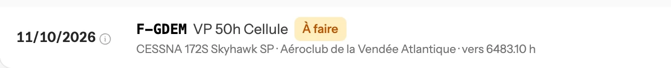 Ligne du suivi des visites : le F-GDEM, Cessna 172S, visite 50 h cellule à faire le 11/10/2026