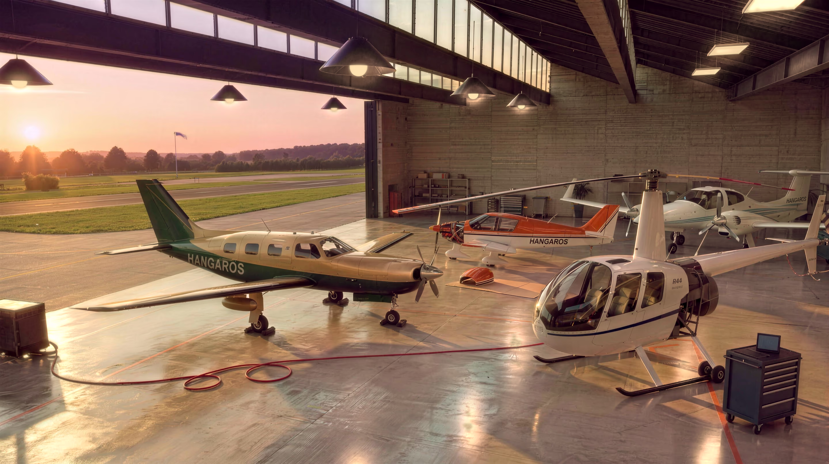 L'atelier au coucher du soleil, porte ouverte sur la piste : un Piper Malibu, un Robin DR400 capot déposé au sol, un Diamond DA42 et un hélicoptère Robinson R44 en visite, sa servante à côté